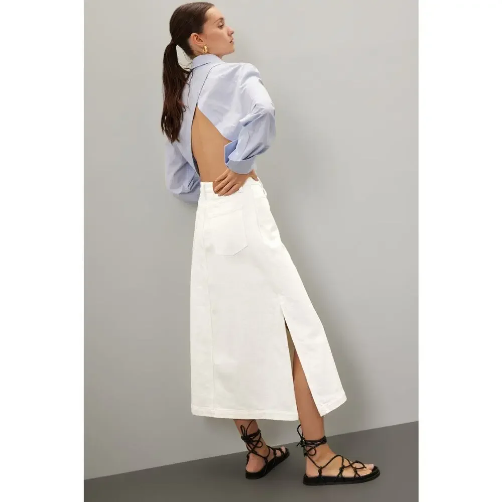 7 For All Mankind Denim Lustre‎ Midi Skirt White Sunny A-Line Side Slit Sz 32